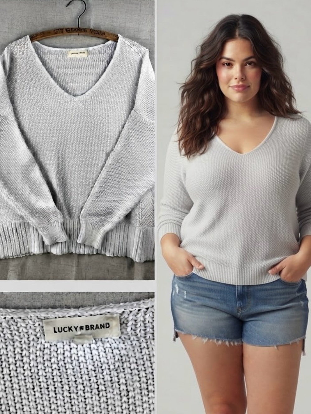 Lucky Brand Chunky Knit Sweater 2X White Long Sleeve Boxy Beach Sweater V Neck